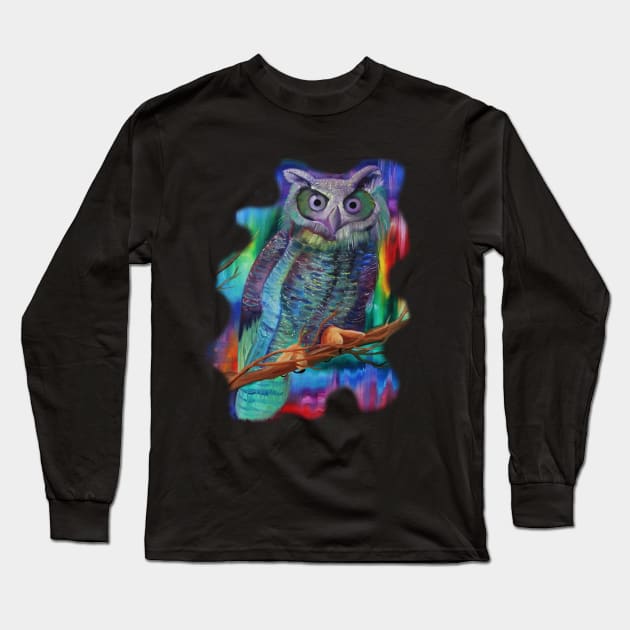 Tribal Colorful rainbow Owl Print Watercolor painting Long Sleeve T-Shirt by starchildsdesigns